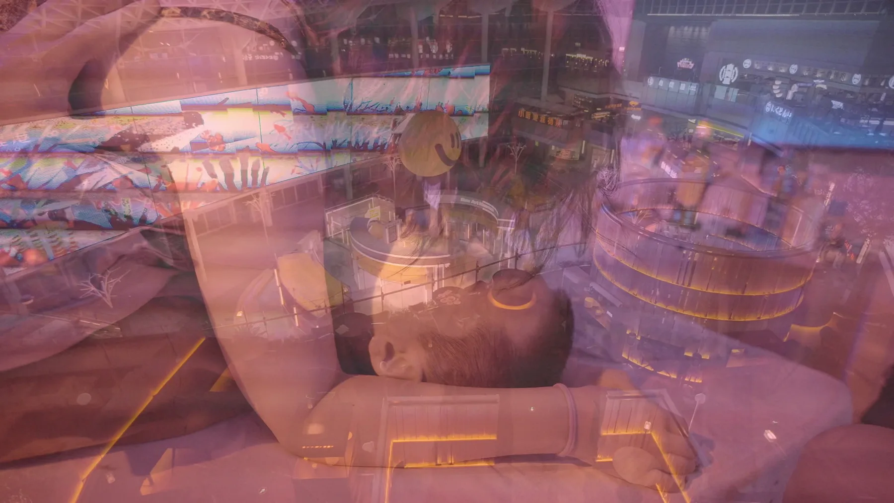 A layered reflected interior from Human Surrender, with a reclining body, architectural reflections, and the camera surface occupying the same image.